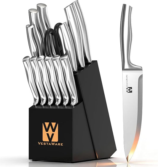 Knife Block Set, Razor-Sharp Kitchen Knife Set, Stainless Steel Knife Set with Block, 14 Pieces Knives Set for Kitchen, Black Chef Knife Sets, Dishwasher Safe, Gifts for Men