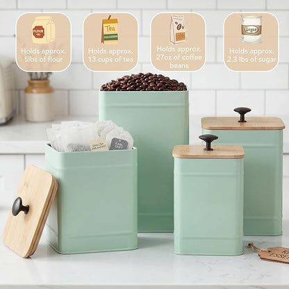 PERFNIQUE Kitchen Canisters, Airtight Canister Sets of 4 for Kitchen Counter, Sage Green Kitchen Accessories, Coffee Tea Sugar Flour Spice Tin Jars Food Storage (Sage Green)