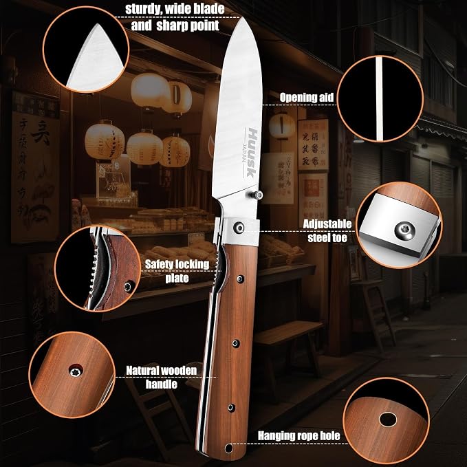 Huusk Folding Chef Pocket Knife - Japanese Santoku Knives, edc Kitchen Knives with 440C Stainless Steel Ultra Sharp Blade, Portable Meat Knives for Vegetable, Christmas Gift for Men and Women