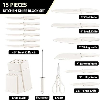 E-far Knife Set with Block, 15 Pieces Kitchen Knife Block Set with Sharpener, High Carbon Stainless Steel Sharp Chef Knife Set with Ergonomic Handles, Anti Rust, White