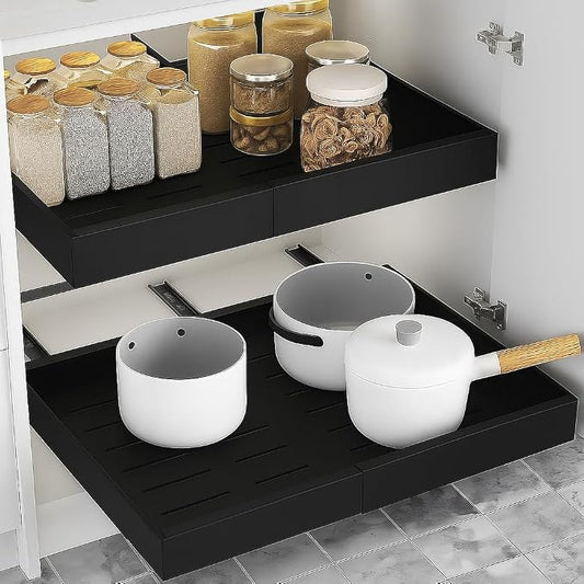 Expandable Pull Out Drawers for Cabinets(Black) : Kitchen and Pantry Organizer, Sliding Cabinet Organizer with Adhesive, Under Sink and Pots Storage, Depth 16.5". expandable pull out cabinet organizer