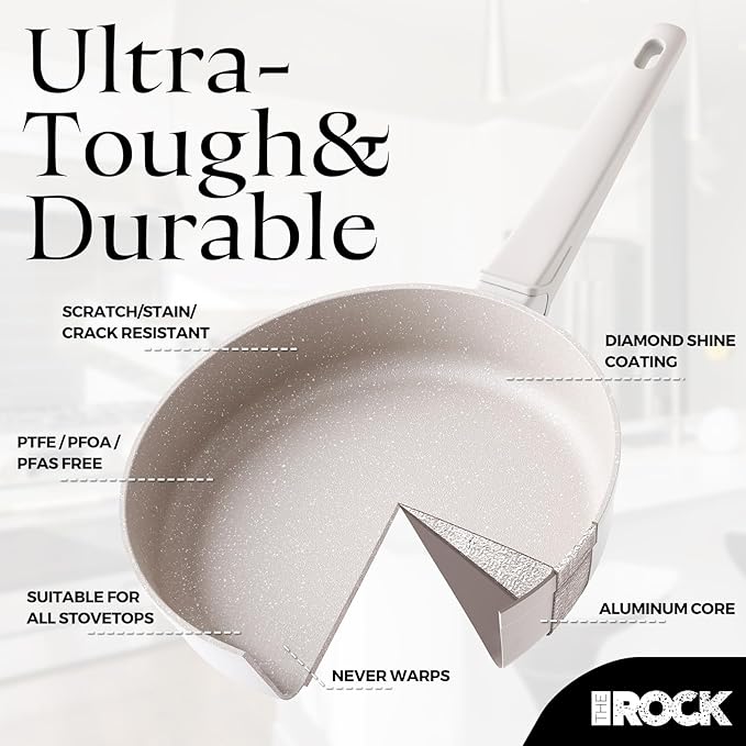 THE ROCK SOHO 11-Inch Non Stick Frying Pan with Lid–Nothing Sticks, Never Warps, Lasts Longer, Ceramic Non Toxic Skillet with Heat-Resistant Handle, PTFE PFOA&PFAS Free, Dishwasher Safe, Cream
