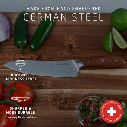 Swiss Diamond Chef Knife, German Steel with Carbonized Ash Wood, Full Tang Handle, Damascus Blade Chef Knives Professional Grade, 55+2 Rockwell Hardness, 8 Inch