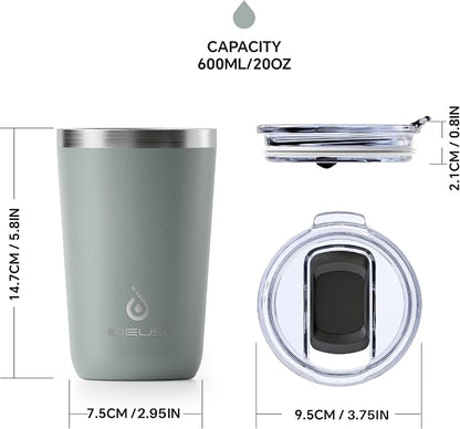 Ideus 20 oz Tumbler, Travel Coffee Mug with Splash Proof Sliding Lid, Double Wall Stainless Steel Vacuum Insulated Coffee Mug for Home and Office, Keep Beverages Hot or Cold, Gray