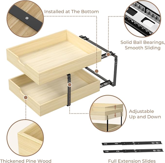 COOLBEBE 2 Tier Pull Out Drawers for Cabinets, 17"W x 21"D Double Tier Slide Out Wood Drawer Shelf Organizer, Soft Close Heavy-Duty Cabinet Pull Out Shelves for Kitchen Pantry Bathroom Storage