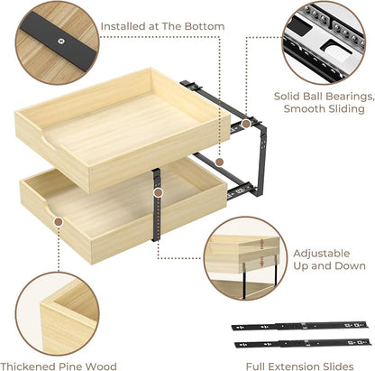 COOLBEBE 2 Tier Pull Out Drawers for Cabinets, 17"W x 21"D Double Tier Slide Out Wood Drawer Shelf Organizer, Soft Close Heavy-Duty Cabinet Pull Out Shelves for Kitchen Pantry Bathroom Storage