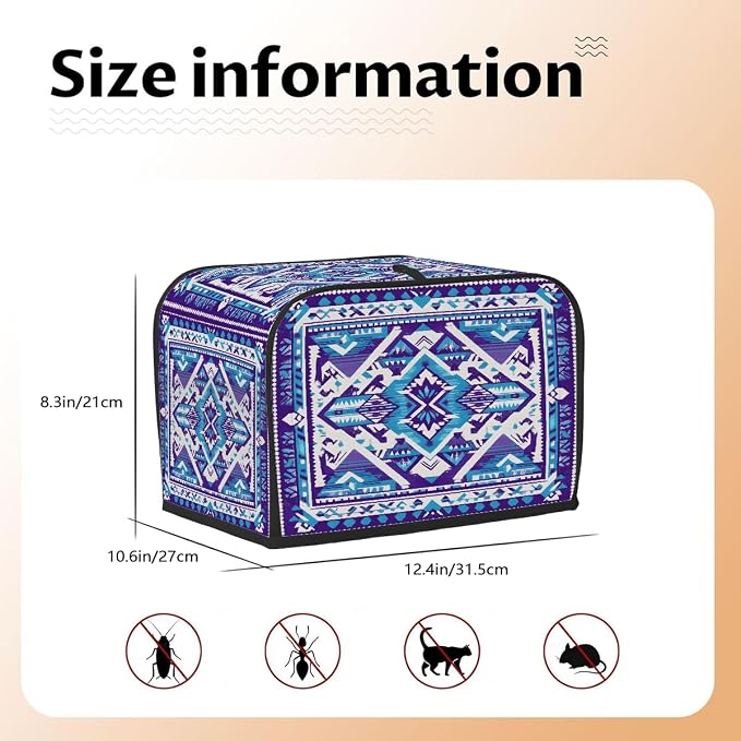 4 Slice Blue Ethnic Aztec Toaster Cover Waterproof Dust Fingerprint Bread Machine Cover Washable Kitchen Appliance Protector For Home Kitchen Bakeware Table Decor Women Gifts