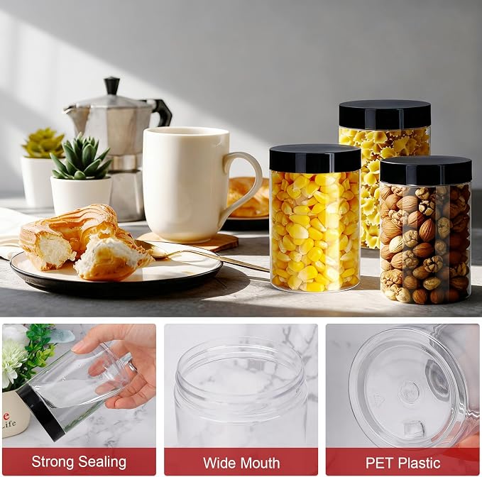 Plastic Jars with Lids,OBKJJ 51 PCS 10 OZ Large Capacity Clear Storage Containers with Leakproof Lids Reusable Empty Storage Container for Dry Food Spice Candy Cookie Household and Kitchen Organizing
