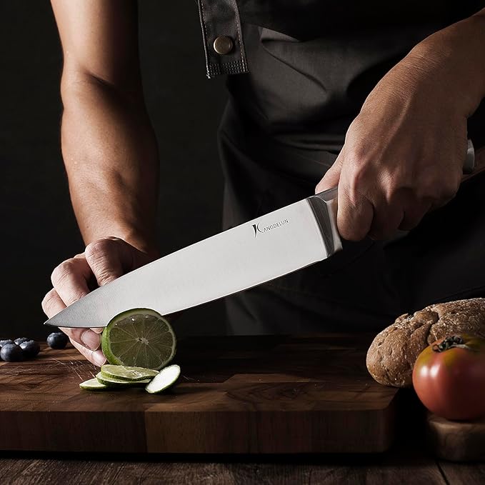 Kangdelun 15-Piece Ultra Sharp Kitchen Knife Set with Wooden Block, Exclusive Ergonomic Anti-Slip Handle, High-Carbon 50CR15MOV Steel, Angled Design, Dark Brown Wood Block