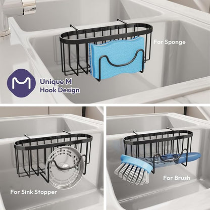 SWTYMIKI Sponge Holder for Kitchen Sink - Movable Kitchen Sink Caddy with M Shape Hook Stainless Steel Hanging Sponges Caddy Organizer in Double Bowl Sinks Depth>3.15in, Middle Divider<1.5in, Black L