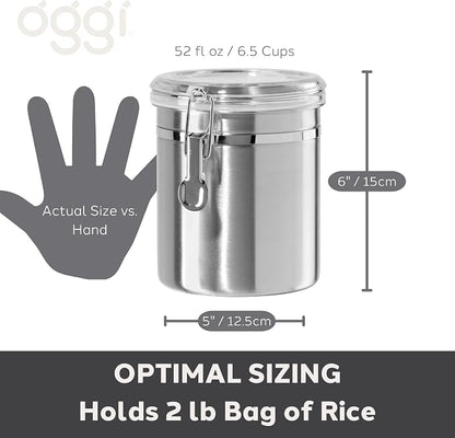 Oggi Stainless Steel Kitchen Canister 152 fl oz - Airtight Clamp Lid, Clear See-Thru Top - Ideal for Kitchen Storage, Food Storage, Pantry Storage. Jumbo Size 8" x 8".
