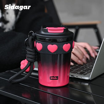 SDGA+ 12 OZ Travel Coffee Mug with Lid Spill Proof Leak Proof, Stainless Steel Thermal Coffee Tumbler for Hot and Cold, Resuable Insulated Coffee Cup For Women, Black and Pink