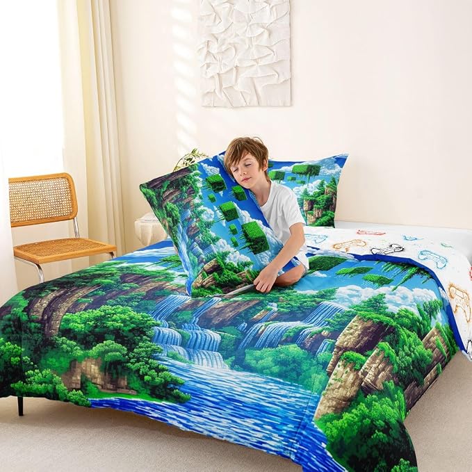 Manfei Pixelated Games Comforter Set -Cartoon Gamepad Comforter Queen Size Block Building Gaming Bedding Set for Kids Adults Bedroom Decor Fashion Modern Quilt Duvet,3 Pcs with 2 Pillowcase