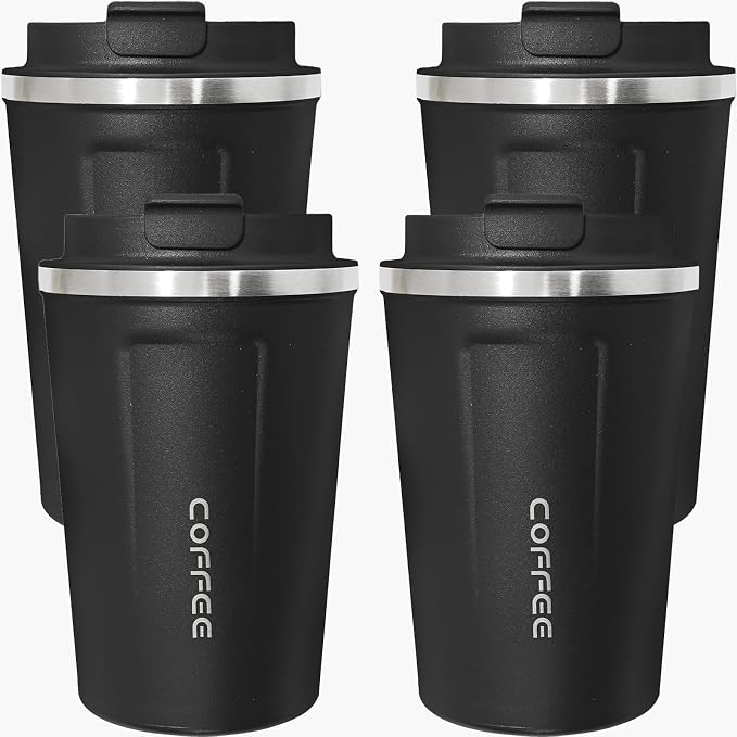 4 Pack Travel Coffee Mug 12oz Insulated Coffee Cup with Lid, Reusable Thermal Coffee Cup Stainless Steel Coffee Tumbler to Keep Hot & Cold Drinks for Car, Daily, Travel and Gifts, Black