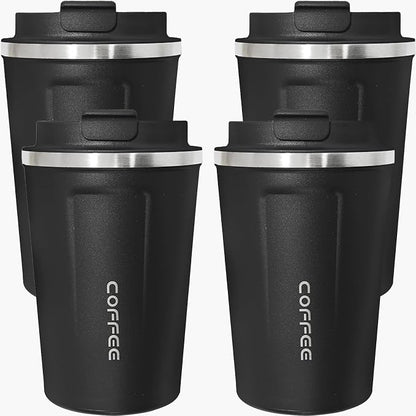4 Pack Travel Coffee Mug 12oz Insulated Coffee Cup with Lid, Reusable Thermal Coffee Cup Stainless Steel Coffee Tumbler to Keep Hot & Cold Drinks for Car, Daily, Travel and Gifts, Black