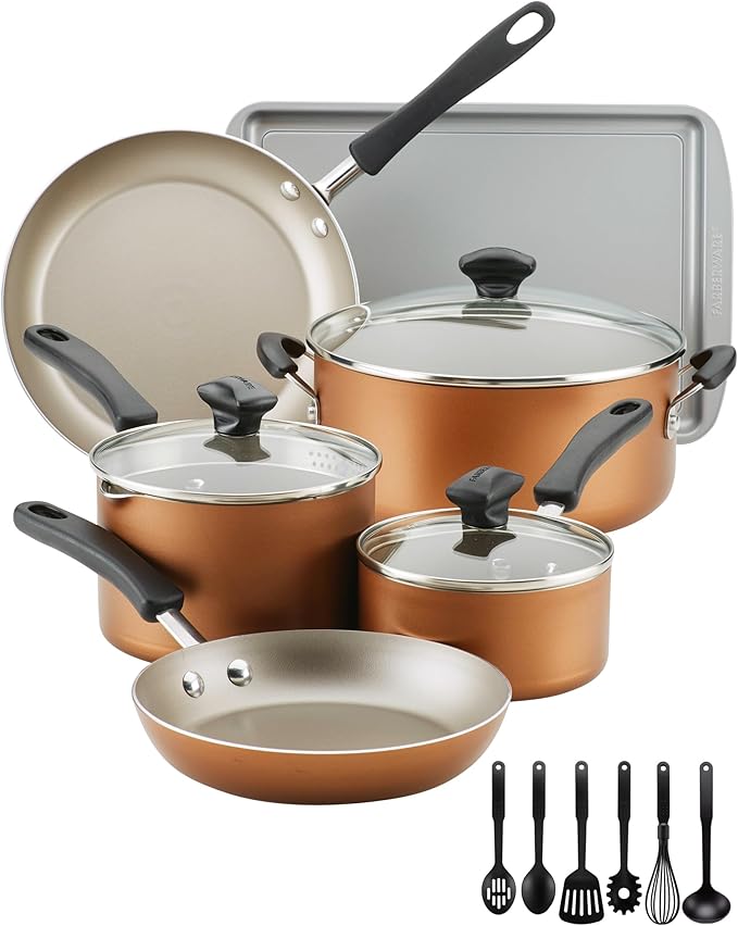 Farberware Cookstart Aluminum DiamondMax Nonstick Cookware Set, Kitchen Essentials, 15-Piece, Copper