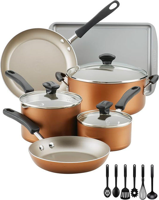 Farberware Cookstart Aluminum DiamondMax Nonstick Cookware Set, Kitchen Essentials, 15-Piece, Copper