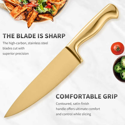 15-Piece Gold Kitchen Knife Block Set with Sharpener, Stainless Steel Knives Set for Kitchen, Chef Gold Kitchen Knife Sets with Scissors, Steak Knives