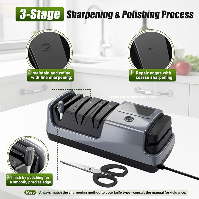 5-in-1 Electric Knife Sharpener for All Knives – Diamond Abrasive Sharpener with 3 Speeds & LCD Display | Sharpens Straight, Serrated, Kitchen Knives & Scissors | Automatic, Safe, Easy to Use (GERY)