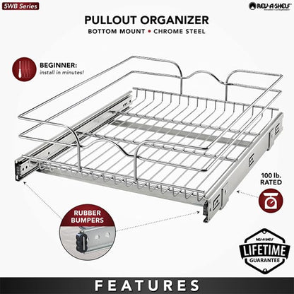 Rev-A-Shelf Steel Wire Pullout Drawer Organizer Shelf for Kitchen Cabinets, Slide Out Storage Basket, Min Opening Width of 17.5", 18" x 22", 5WB1-1822CR-1