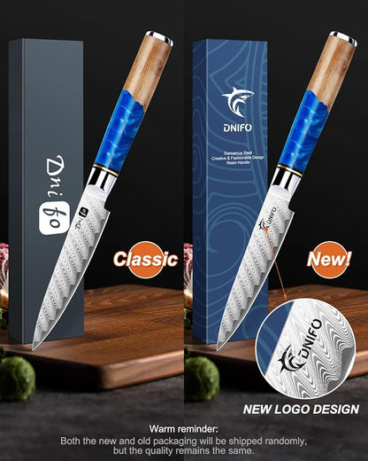 Kitchen Utility Knife 5 Inch, Japanese VG10 Steel Damascus Paring knife, Small Kitchen Chef Knife with Gift Box and Resin Wood Handle, Ideal Gift for Your Beloved Men or Women