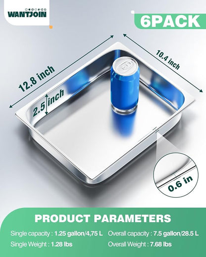 WantJoin Steam Table Hotel Pans 1/2 Half Size 2.5 Inch Deep 6 Pack, Stainless Steel Metal Tray Sets Food Storage Container for Restaurant Chafing Dishes Commercial Buffet Catering Supplies