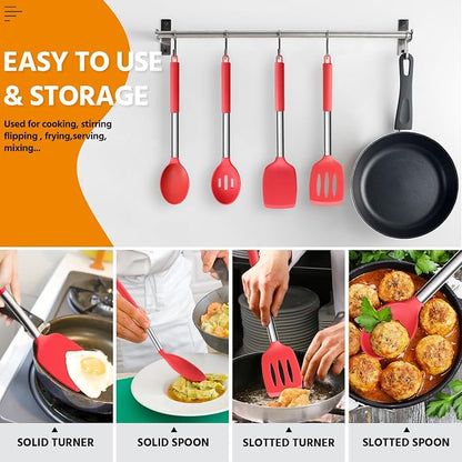 Cooking Utensils Set of 4, E-far Silicone Kitchen Utensils for Non-stick Cookware, Heat Resistant & Non-toxic Slotted Spatula Solid Spoon Turner for Flipping Mixing Serving Basting(Red)
