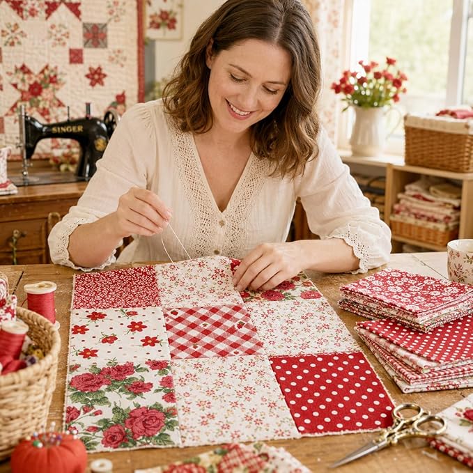 DMFR Red Floral Fabric Squares 5x5 Inch, 42 Pcs 100% Cotton Charm Packs for Quilting, Red and White Precut Quilt Squares for Patchwork, Sewing, Doll Clothes, Scrapbooking and DIY Crafts