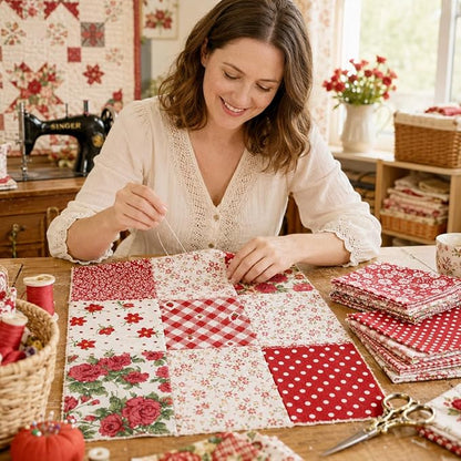 DMFR Red Floral Fabric Squares 5x5 Inch, 42 Pcs 100% Cotton Charm Packs for Quilting, Red and White Precut Quilt Squares for Patchwork, Sewing, Doll Clothes, Scrapbooking and DIY Crafts