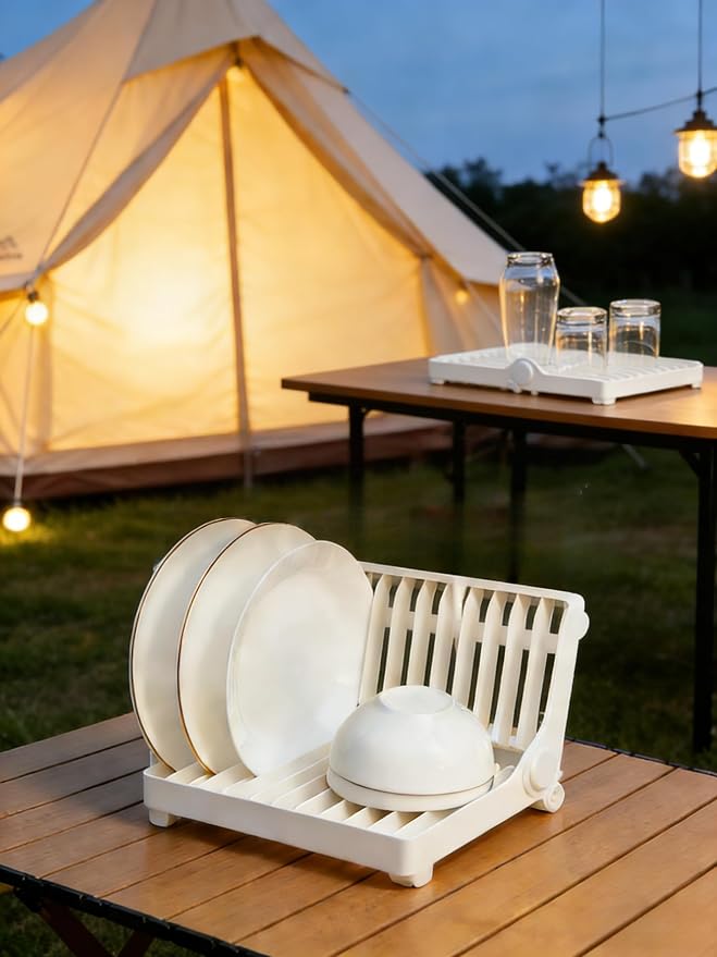 Collapsible Small Dish Drying Rack for RV, Camper, Dorm & Small Space – 12-Slot Foldable Plate Organizer, Compact Plastic Cabinet-Friendly Dish Holder for Kitchen Counter, Sink, Boat & Apartment