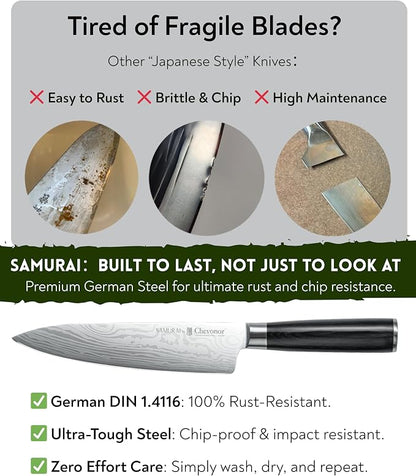 Samurai 8 Inch Gyuto Chef Knife, Ultra Sharp Japanese Style Kitchen Knife with Damascus Pattern - German Stainless Steel (DIN 1.4116), Professional Meat & Vegetable Slicer, Premium Gift Box
