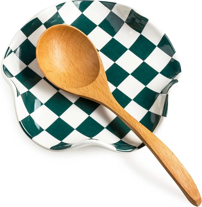 Miamolo Ceramic Spoon Rest for Stove Top, Spoon Holder for Kitchen Counter, Large Utensil Spatula Holder for Stove, Heat Resistant Cooking Spoon Rest, Checkered Kitchen Decor Gift for Housewarming