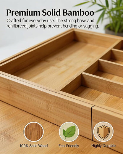 Expandable Bamboo Silverware Drawer Organizer – Adjustable 29" Wide Wooden Utensil Tray with 9-Compartments, Large Kitchen Flatware & Spoon Holder, Natural Solid Wood for Drawers