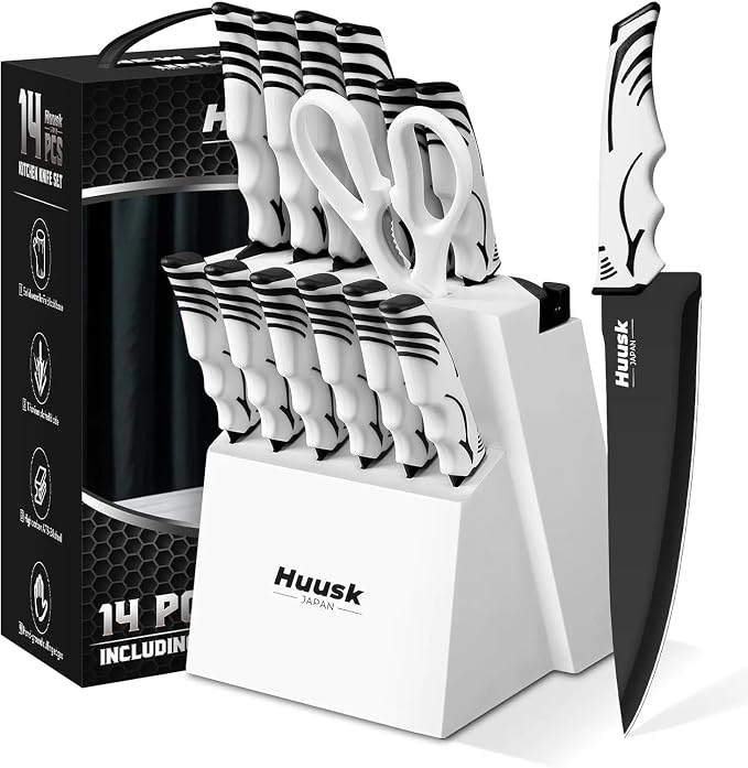 Huusk Knife Block Set with Sharpener - Kitchen Knives Set with Wooden Knife Block - Ideal Housewarming Gifts for New Home - Chef Knives with Kitchen Shears - Christmas Gift for Men Women - White