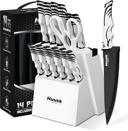 Huusk Knife Block Set with Sharpener - Kitchen Knives Set with Wooden Knife Block - Ideal Housewarming Gifts for New Home - Chef Knives with Kitchen Shears - Christmas Gift for Men Women - White