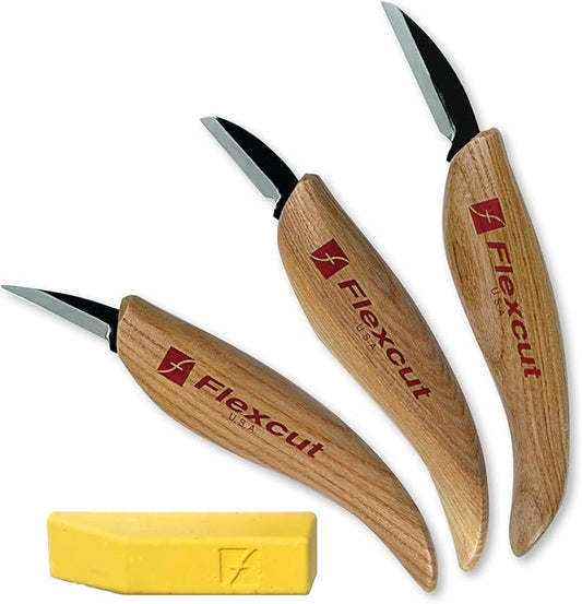 Flexcut Wood Carving Knives | Starter Set of 3 Woodcarving Knives | 1095 High Carbon Steel Blades | Ergonomic Ash Wood Handles for Beginners and Hobbyists | KN500 | Made in the U.S.A