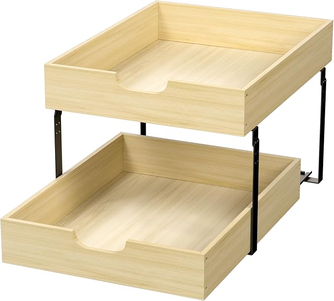 COOLBEBE 2 Tier Pull Out Drawers for Cabinets, 17"W x 21"D Double Tier Slide Out Wood Drawer Shelf Organizer, Soft Close Heavy-Duty Cabinet Pull Out Shelves for Kitchen Pantry Bathroom Storage