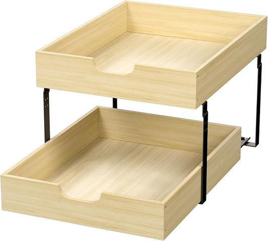 COOLBEBE 2 Tier Pull Out Drawers for Cabinets, 17"W x 21"D Double Tier Slide Out Wood Drawer Shelf Organizer, Soft Close Heavy-Duty Cabinet Pull Out Shelves for Kitchen Pantry Bathroom Storage