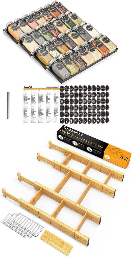 SpaceAid Spice Drawer Organizer with 28 Spice Jars, Bamboo Drawer Dividers with Inserts 4 Dividers with 9 Inserts (17-22 in)