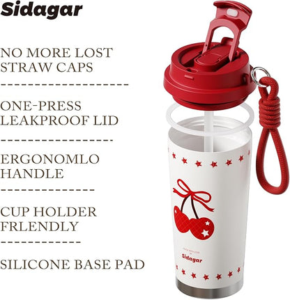 Insulated Travel Coffee Mug,18 oz Stainless Steel Coffee Tumbler with Flip Straw, Double Wall Thermal Cup with Leak Proof Lid,Reusable Ceramic Water Bottle for Office, Cherry