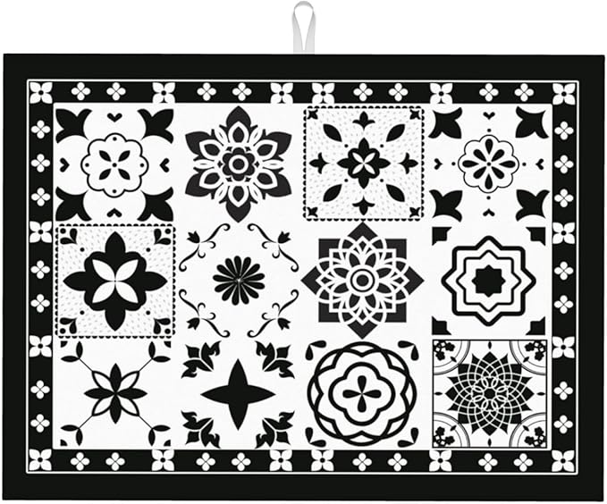 Retro Black Pattern Dish Drying Mat 18x24 For Kitchen Counter Absorbent Microfiber Dishes Pad Dish Drainer Rack Mats Fast Dry Kitchen Accessories