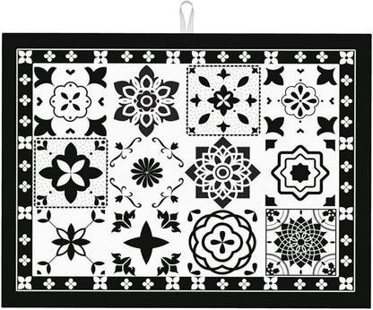 Retro Black Pattern Dish Drying Mat 18x24 For Kitchen Counter Absorbent Microfiber Dishes Pad Dish Drainer Rack Mats Fast Dry Kitchen Accessories