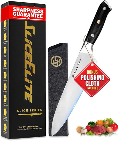 SliceElite Slice Series 8 Inch Chef Knife High Carbon German Steel Blade Pakkawood Handle with Polymer Blade Guard Professional Sharp Kitchen Knife for Meat Cutting Vegetable BBQ Cooking Chopping