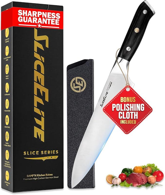SliceElite Slice Series 8 Inch Chef Knife High Carbon German Steel Blade Pakkawood Handle with Polymer Blade Guard Professional Sharp Kitchen Knife for Meat Cutting Vegetable BBQ Cooking Chopping