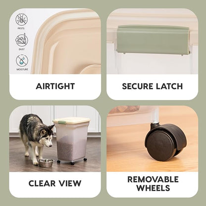 IRIS USA Airtight Dog Food Storage Container, WeatherPro, Up to 40 lbs, Removable Wheels, for Dog Cat Bird and Other Pet Food Storage Bin, Keep Fresh, Translucent Body, Made in USA, Clear/Almond