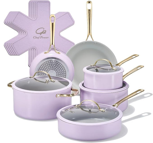 Chef Power Ceramic Cookware Sets, Pots and Pans Set Non Stick, Cookware Set with Stainless Steel Handle, Dishwasher & Oven Safe Purple 15Pcs Set