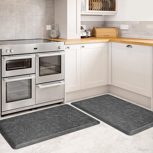 KMAT 2PCS Kitchen Mat Cushioned Anti-Fatigue Floor Mat,Waterproof Non-Slip Standing Mat,Ergonomic Comfort Floor Mat Rug for Home,Office,Sink,Laundry,Desk(17.3"x28"+17.3"x28",Grey)
