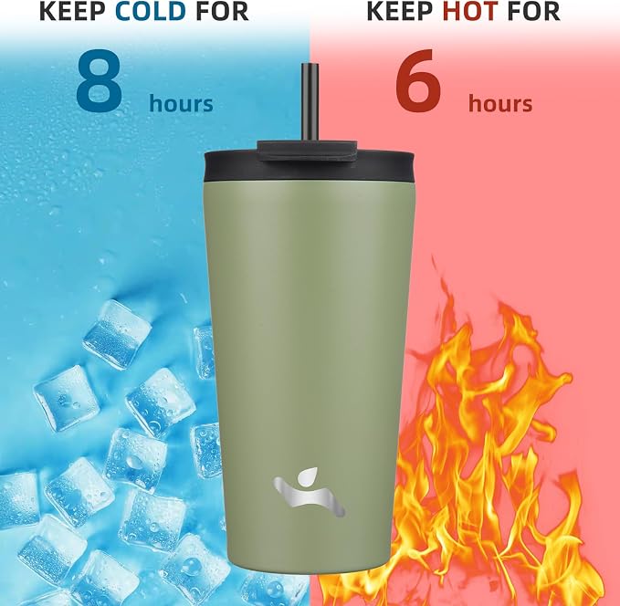 Konokyo 18 OZ Insulated Tumbler with Lid and 2 Straws Stainless Steel Water Bottle Vacuum Travel Mug Coffee Cup,ArmyGreen