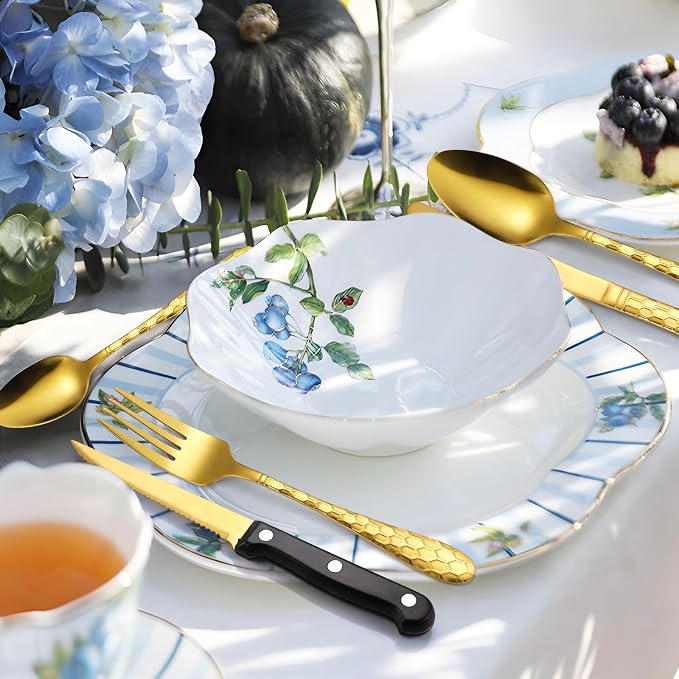 30 Pcs Gold Hammered Silverware Set Service for 6,with Steak Knives Stainless Steel Flatware Set,Mirror Cutlery Utensil,Durable Kitchen Tableware,Ripple Teardrop Fork Knife Spoon,Dishwasher Safe