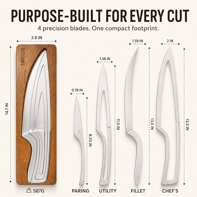 NestKnife Magnetic Kitchen Knife Set - 4 Piece VG10 High Carbon Stainless Steel Kitchen Knives with Patented Space-Saving Nesting Design & Magnetic Block - Ultra Sharp Professional Chef Knife Set